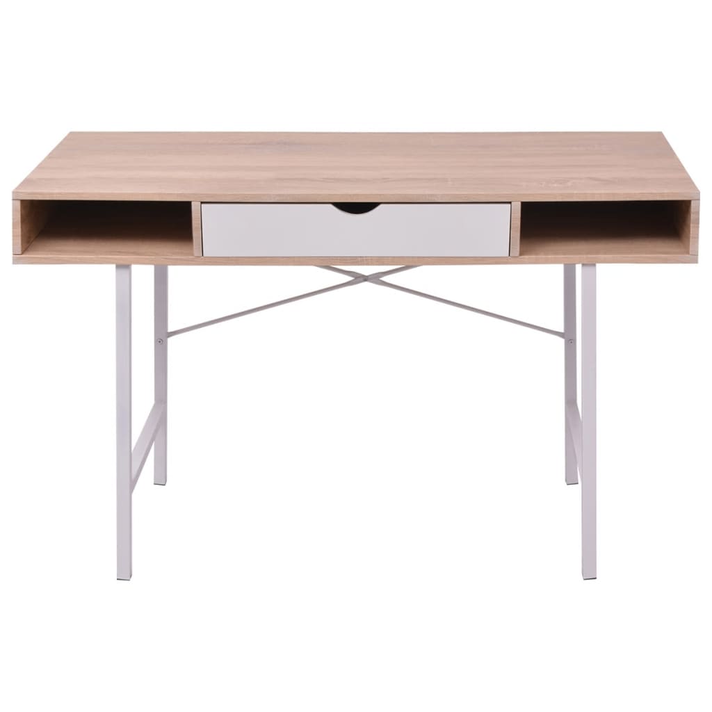 Oak & White Desk with 1 Drawer - Stylish & Functional Workstation