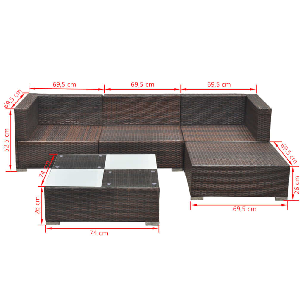 5 Piece Garden Lounge Set with Cushions Poly Rattan Brown