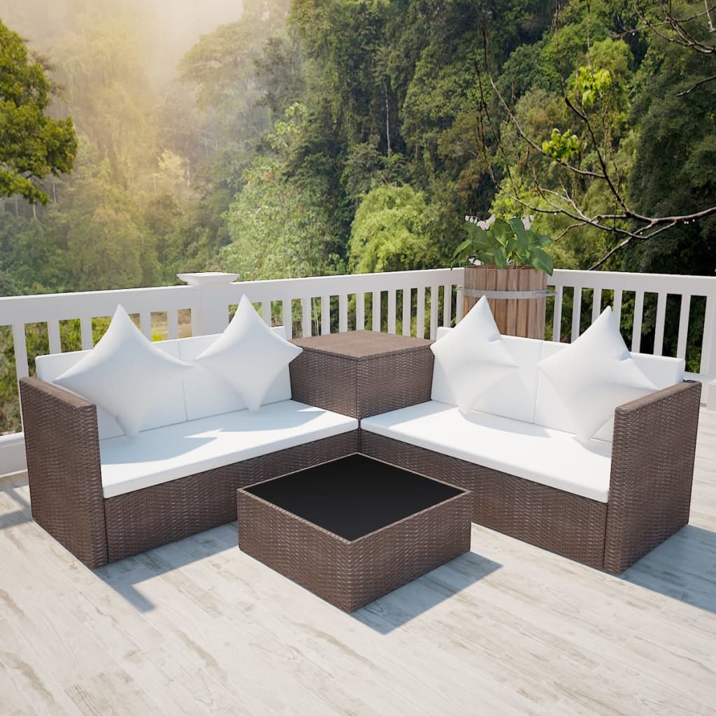 4-Piece Poly Rattan Garden Lounge Set with Cushions - Black
