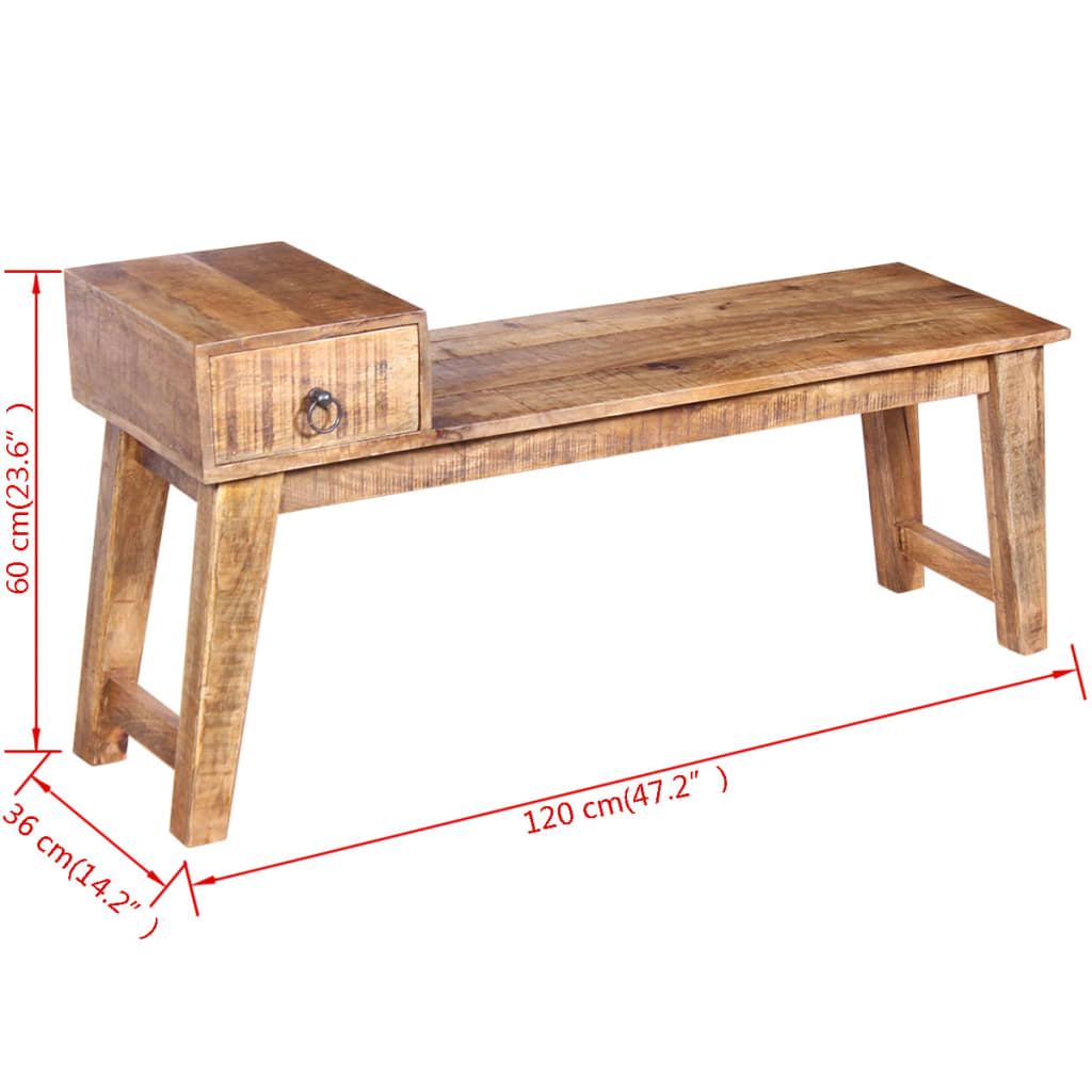 Solid Mango Wood Bench with Drawer - 120x36x60 cm