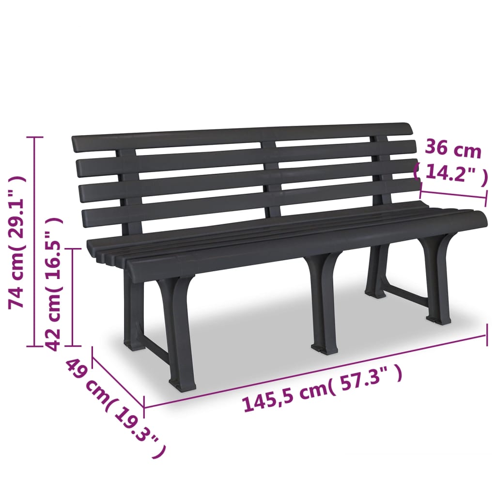 Elegant Anthracite Plastic Garden Bench - 145.5 cm Outdoor Seating