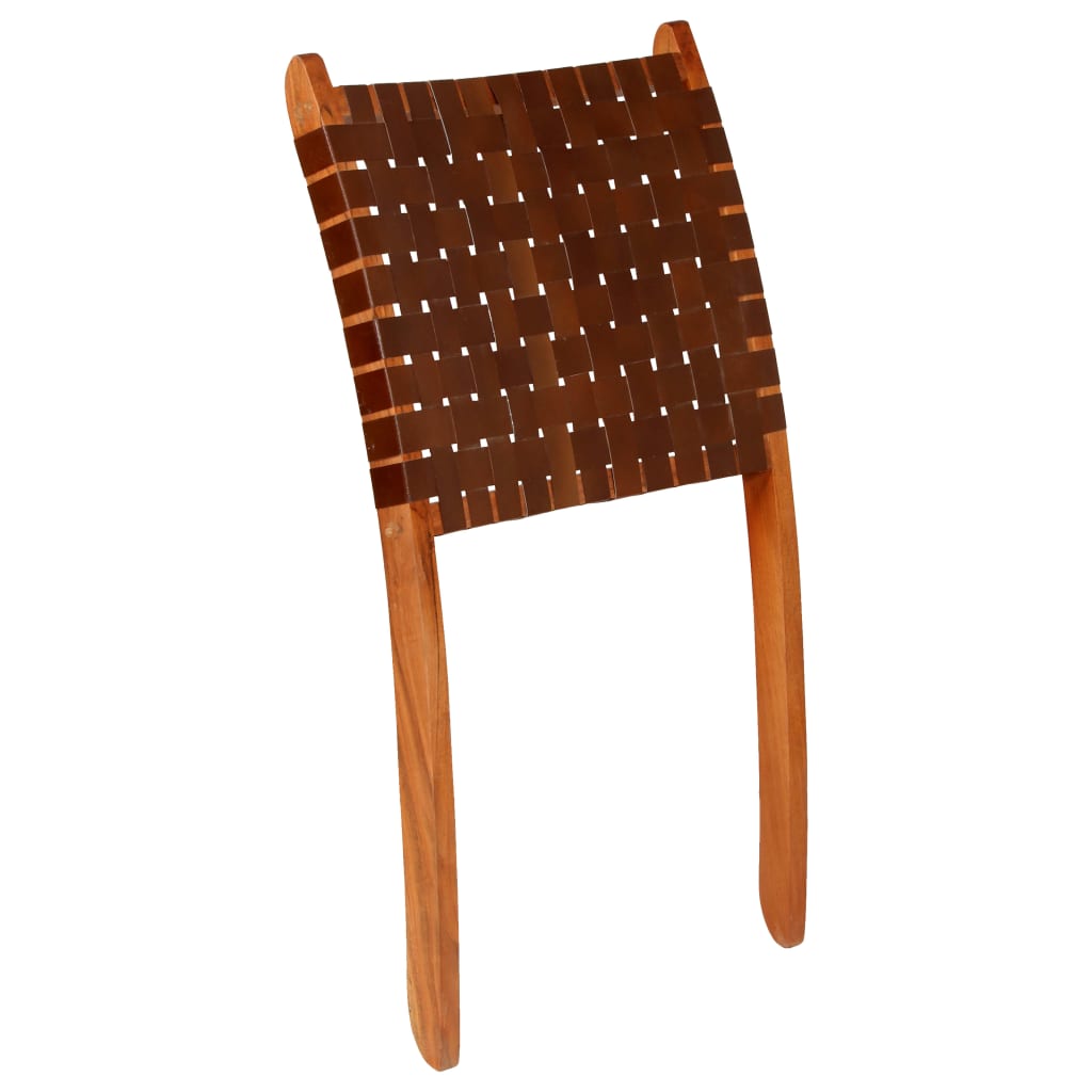 Brown Real Leather Folding Chair with Crossed-Stripe Design
