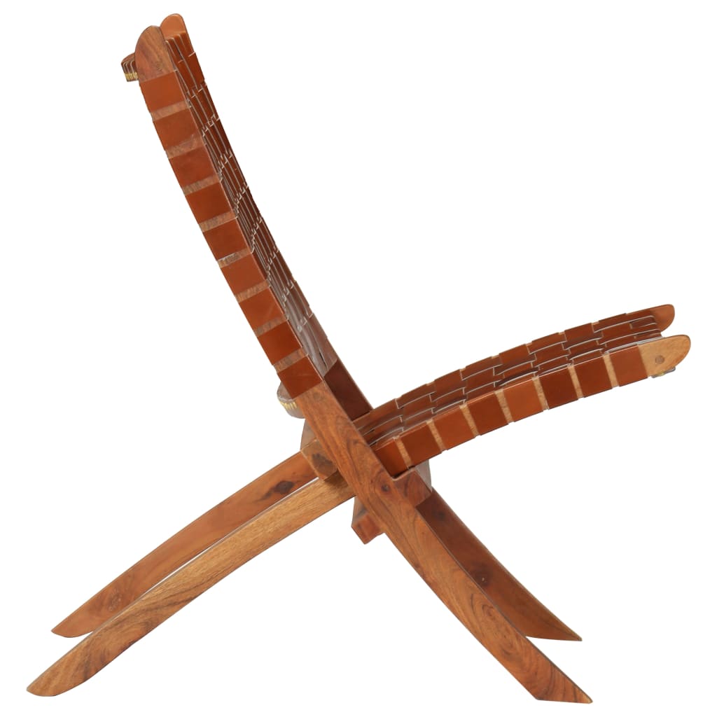 Brown Real Leather Folding Chair with Crossed-Stripe Design