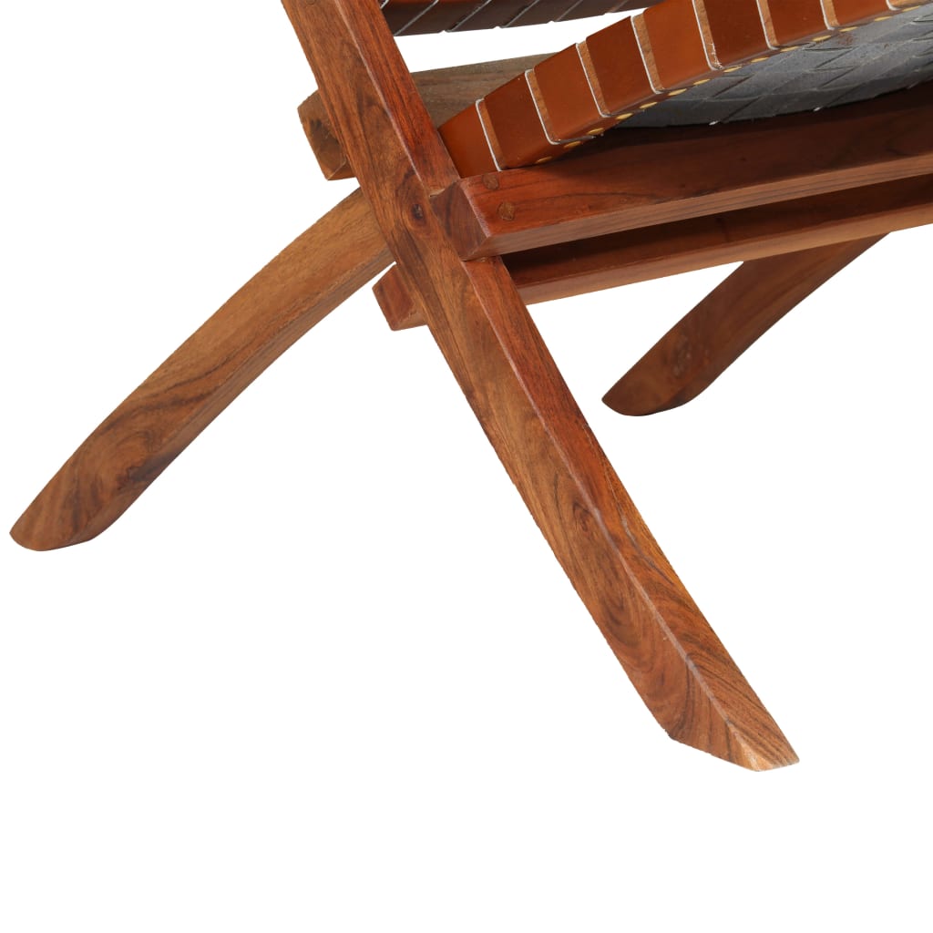 Brown Real Leather Folding Chair with Crossed-Stripe Design