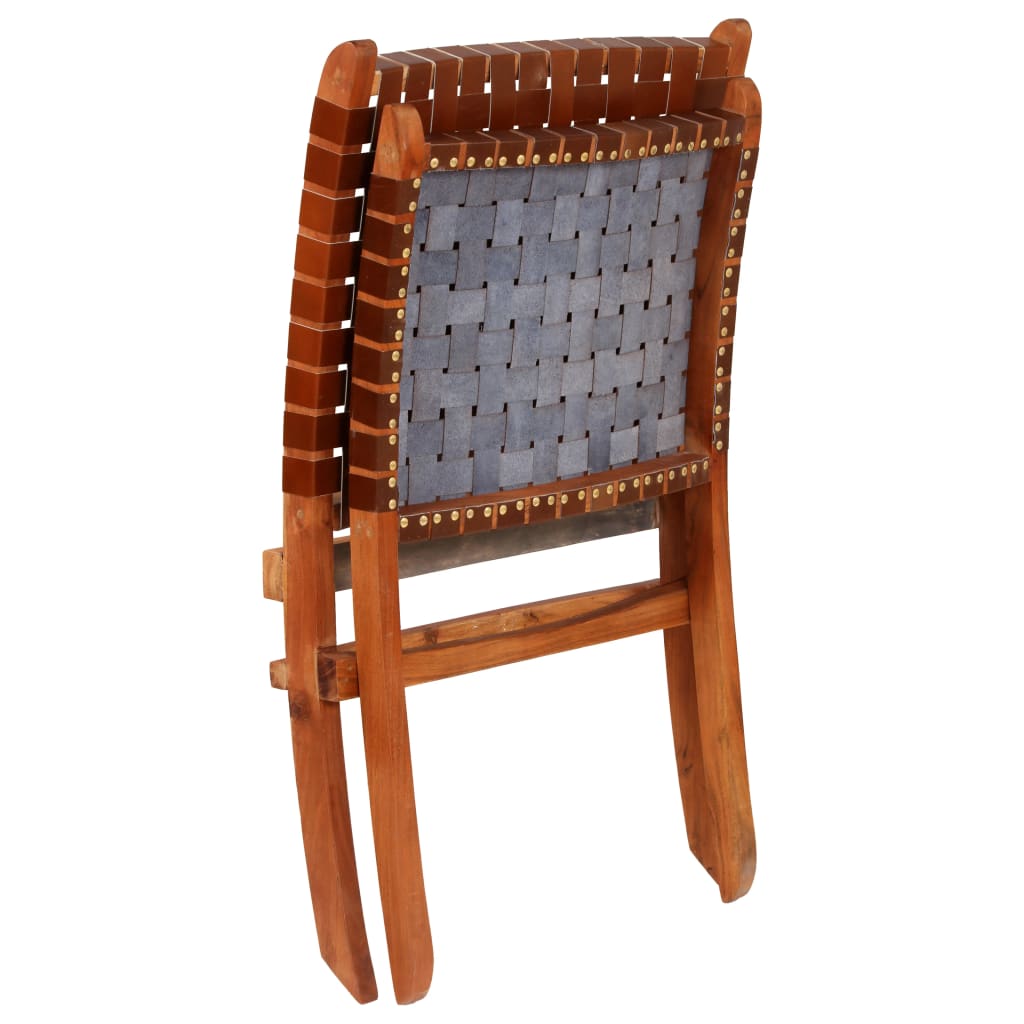 Brown Real Leather Folding Chair with Crossed-Stripe Design