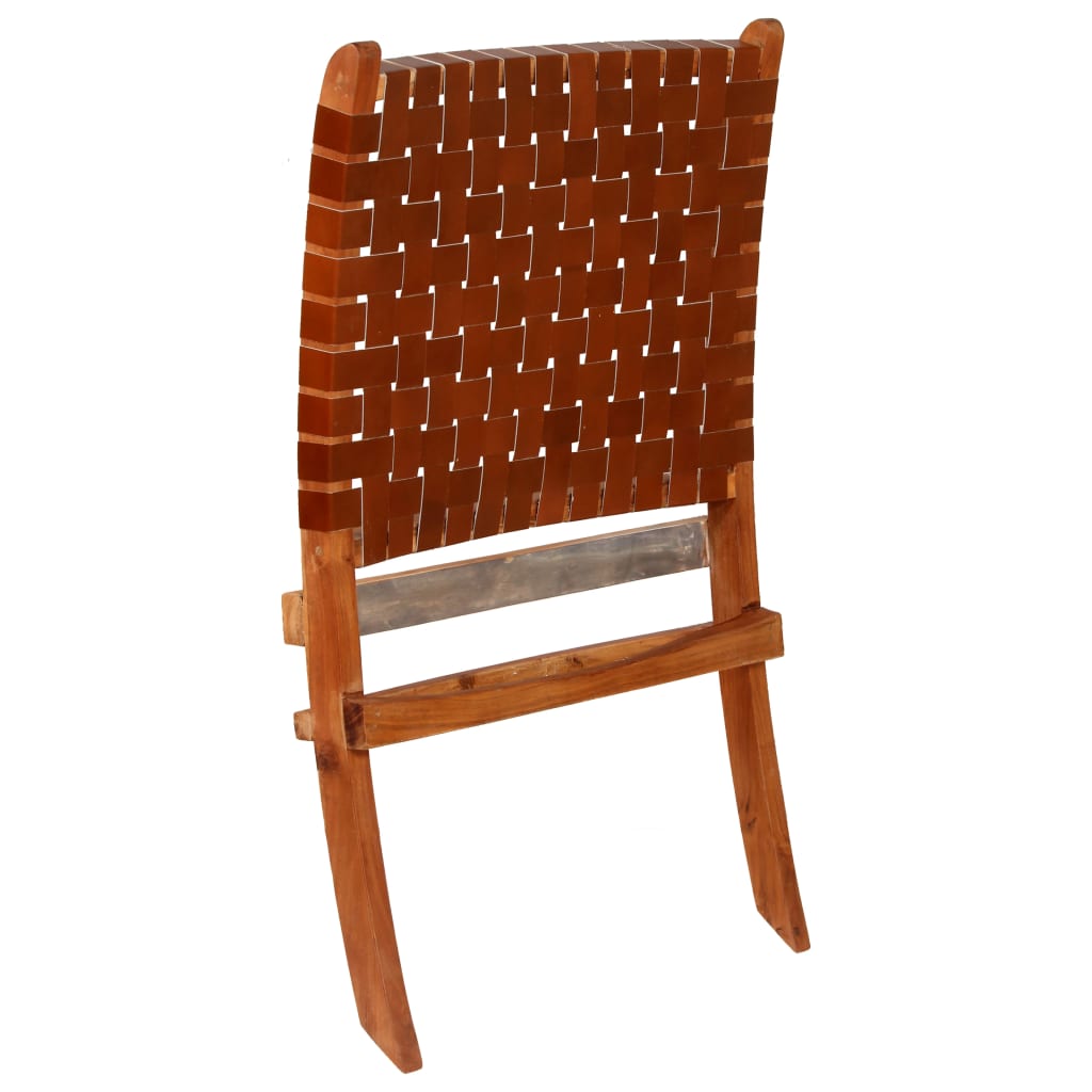 Brown Real Leather Folding Chair with Crossed-Stripe Design
