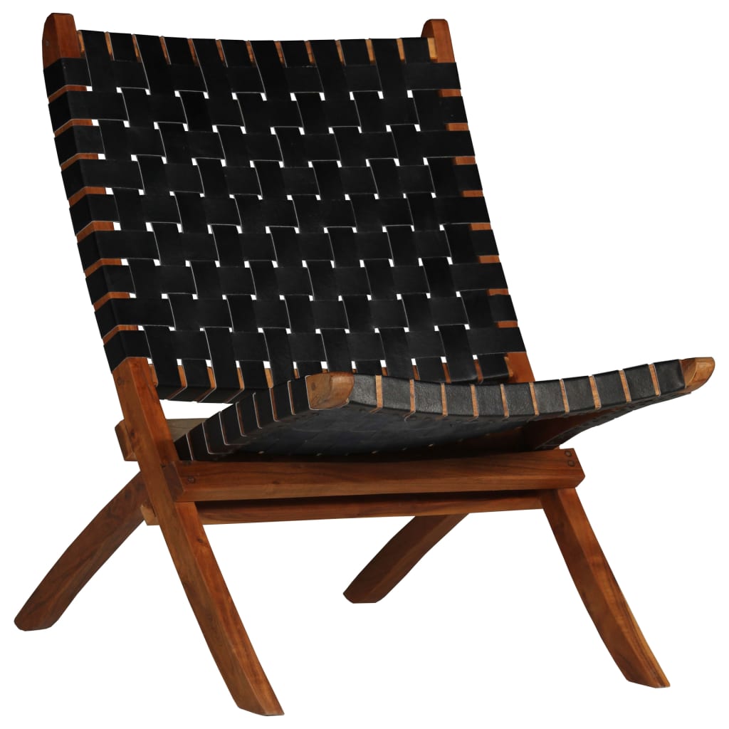 Luxury Folding Chair in Black Real Leather with Crossed-Stripes