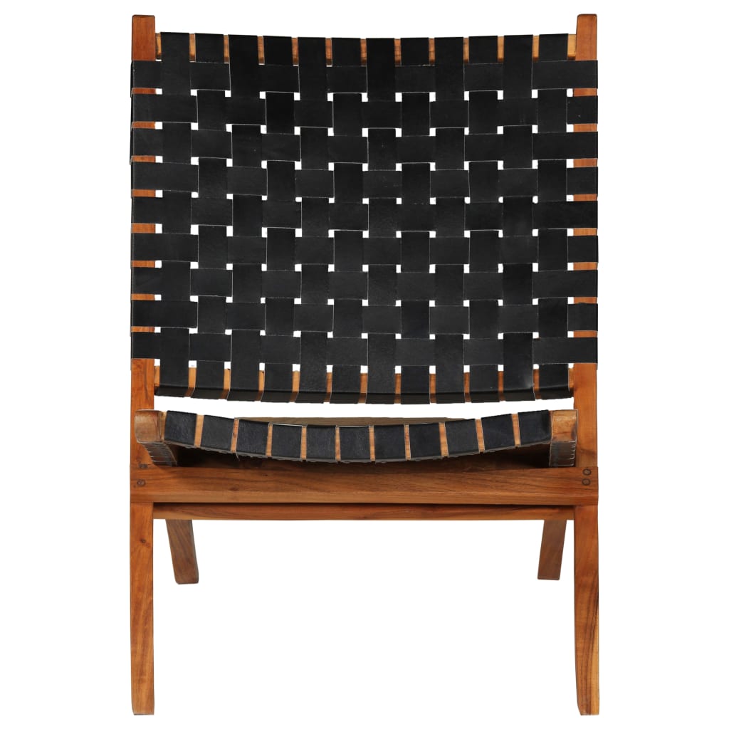 Luxury Folding Chair in Black Real Leather with Crossed-Stripes