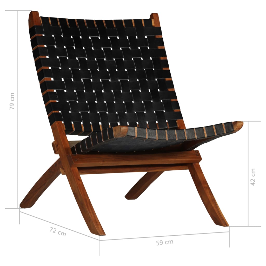Luxury Folding Chair in Black Real Leather with Crossed-Stripes