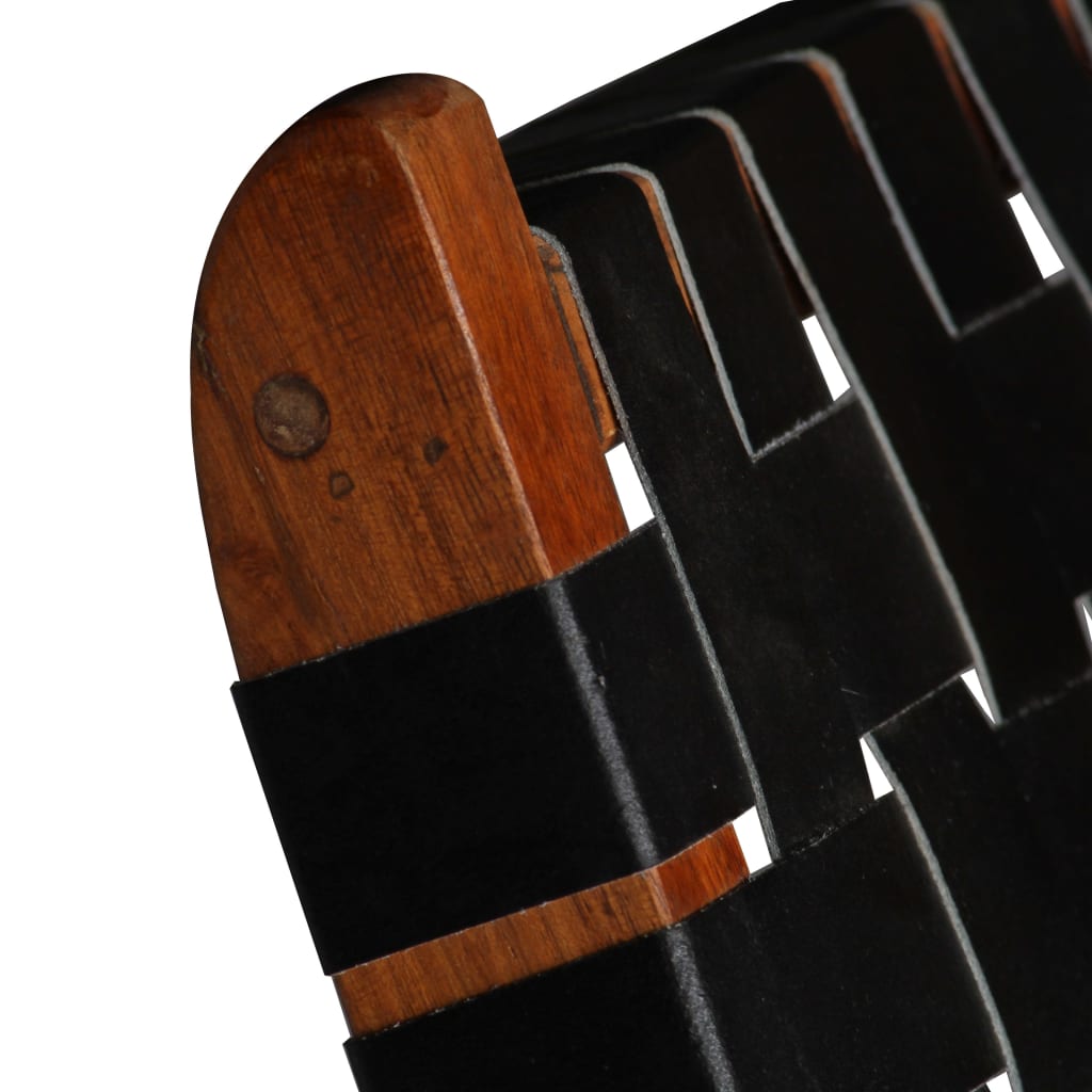 Luxury Folding Chair in Black Real Leather with Crossed-Stripes