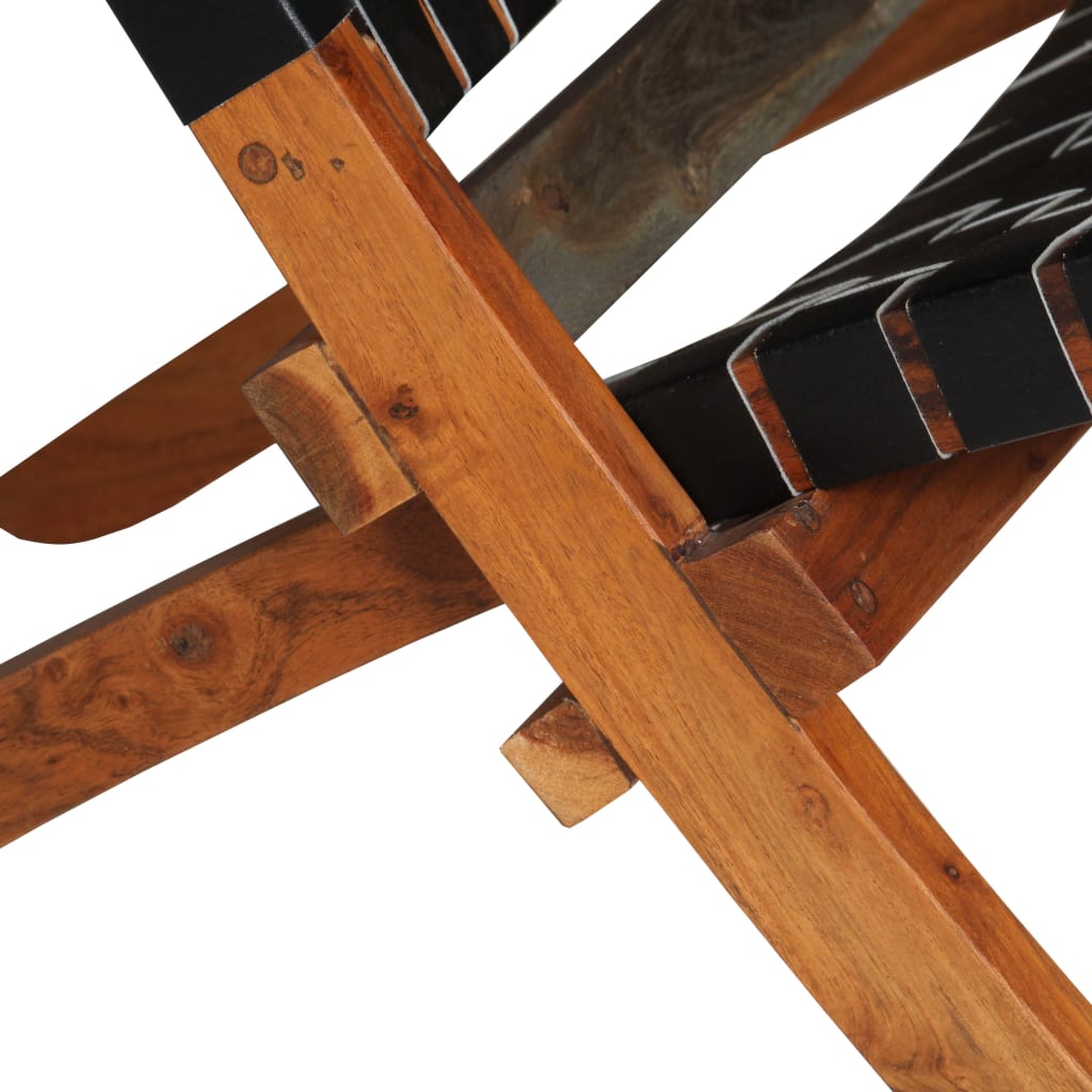Luxury Folding Chair in Black Real Leather with Crossed-Stripes