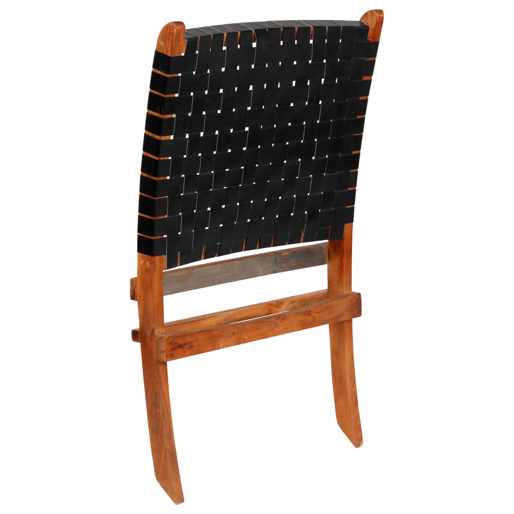 Luxury Folding Chair in Black Real Leather with Crossed-Stripes