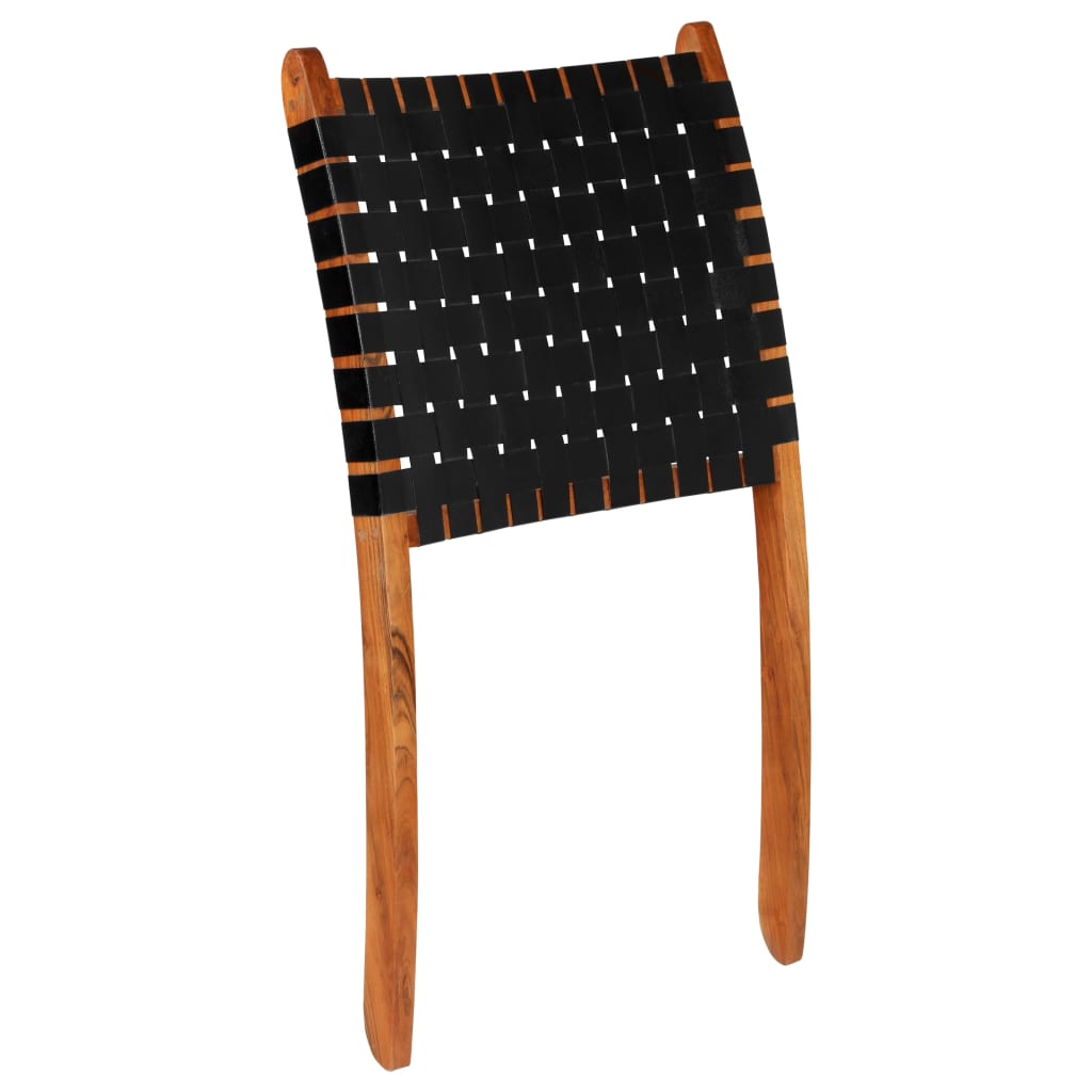 Luxury Folding Chair in Black Real Leather with Crossed-Stripes