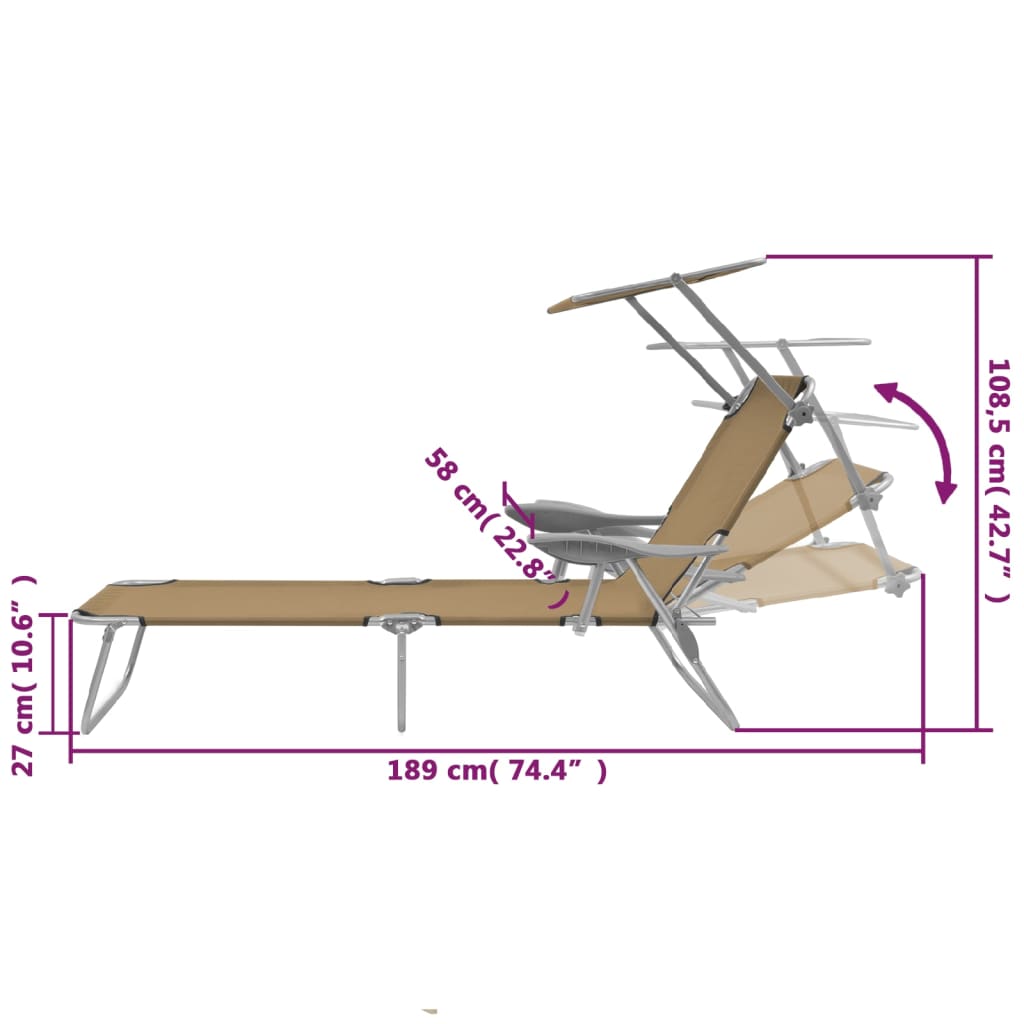 Taupe Steel Folding Sun Lounger with Canopy - Relax in Style
