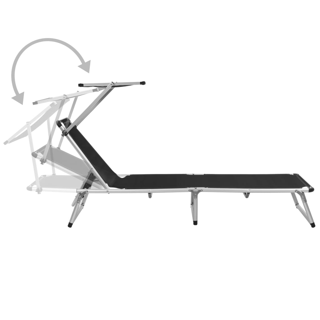 Black Folding Sun Lounger with Roof - Aluminum & Textilene