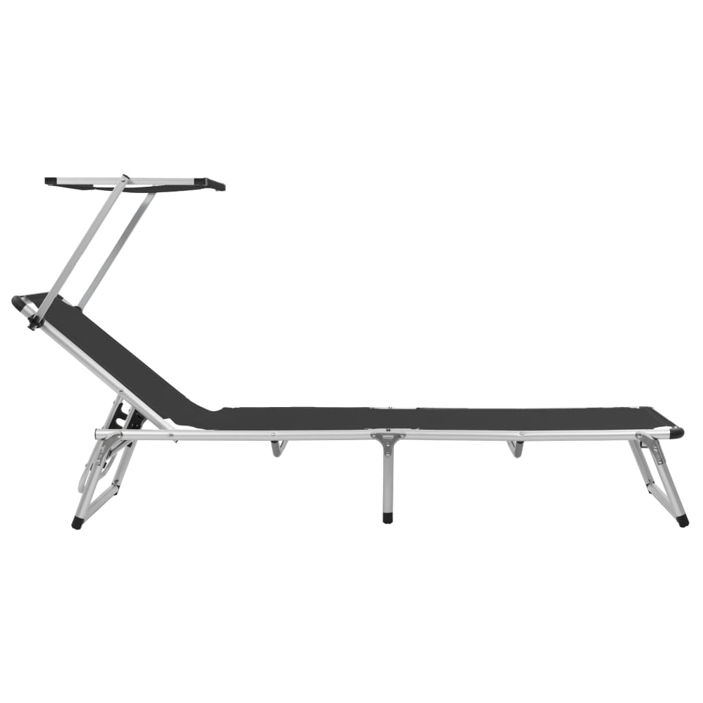 Black Folding Sun Lounger with Roof - Aluminum & Textilene