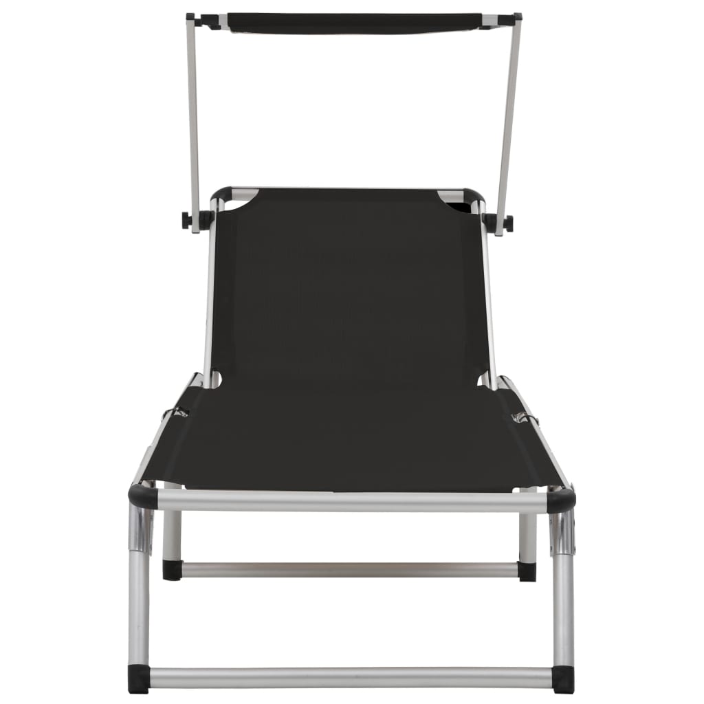 Black Folding Sun Lounger with Roof - Aluminum & Textilene