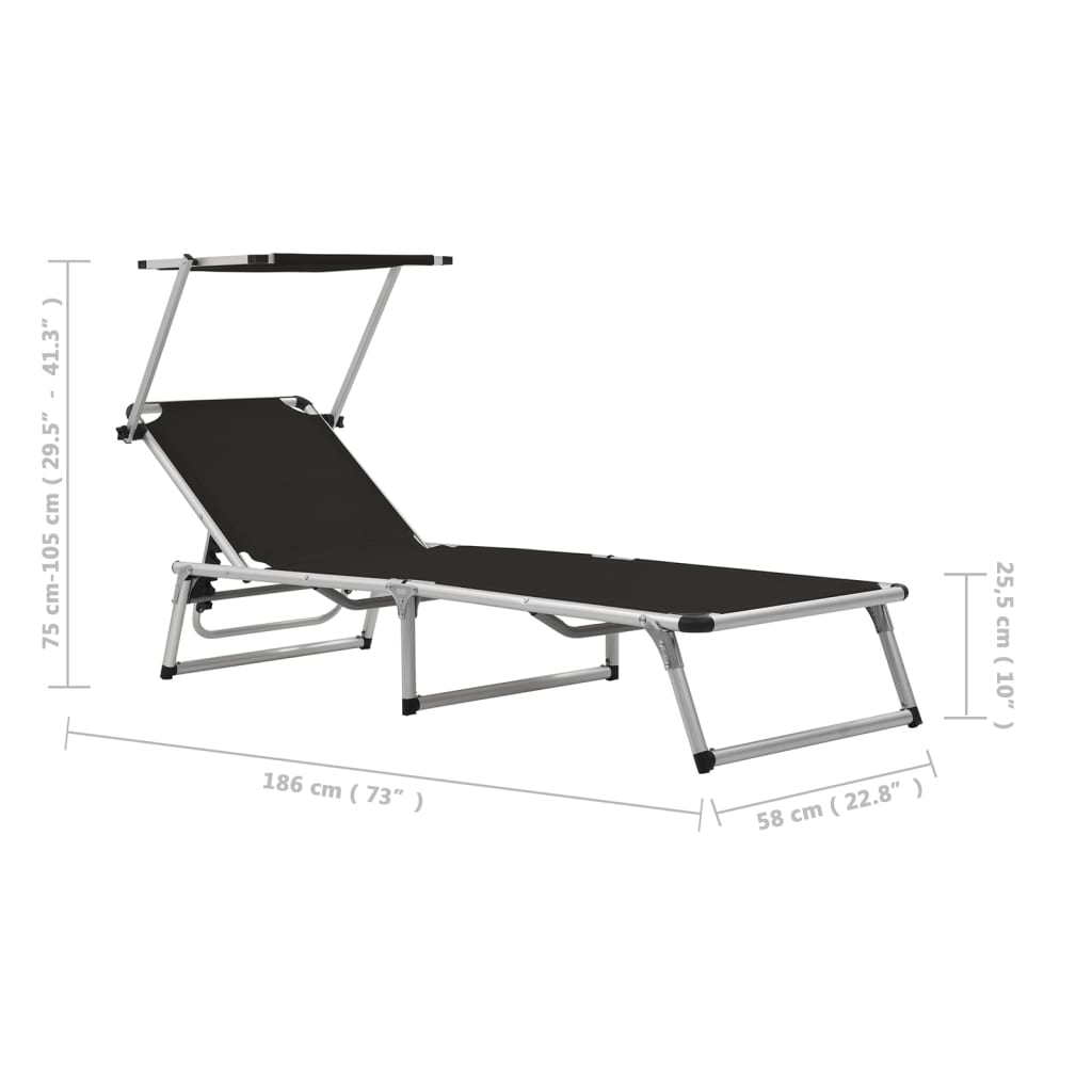 Black Folding Sun Lounger with Roof - Aluminum & Textilene