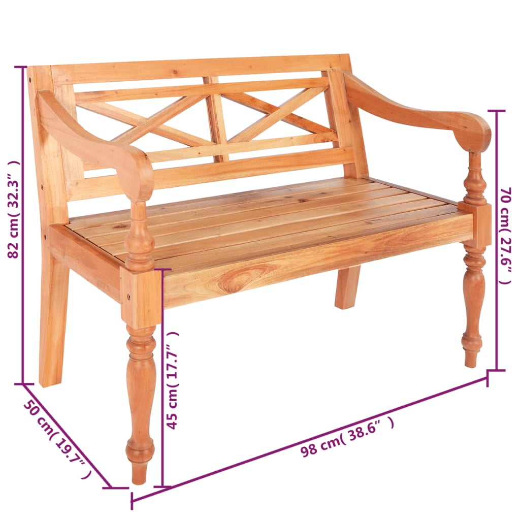 Solid Mahogany Batavia Bench, 98 cm - Light Brown Finish