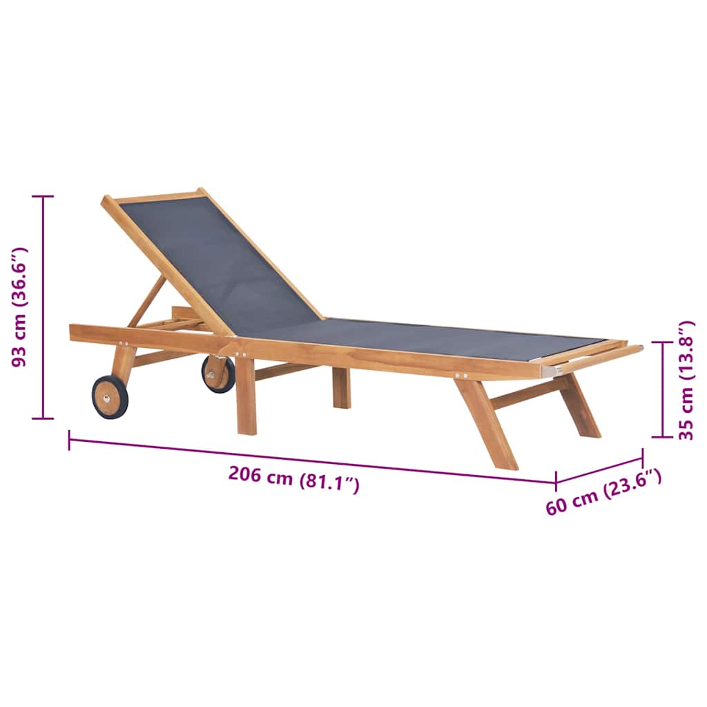 Teak Folding Sun Lounger with Wheels - Textilene Fabric