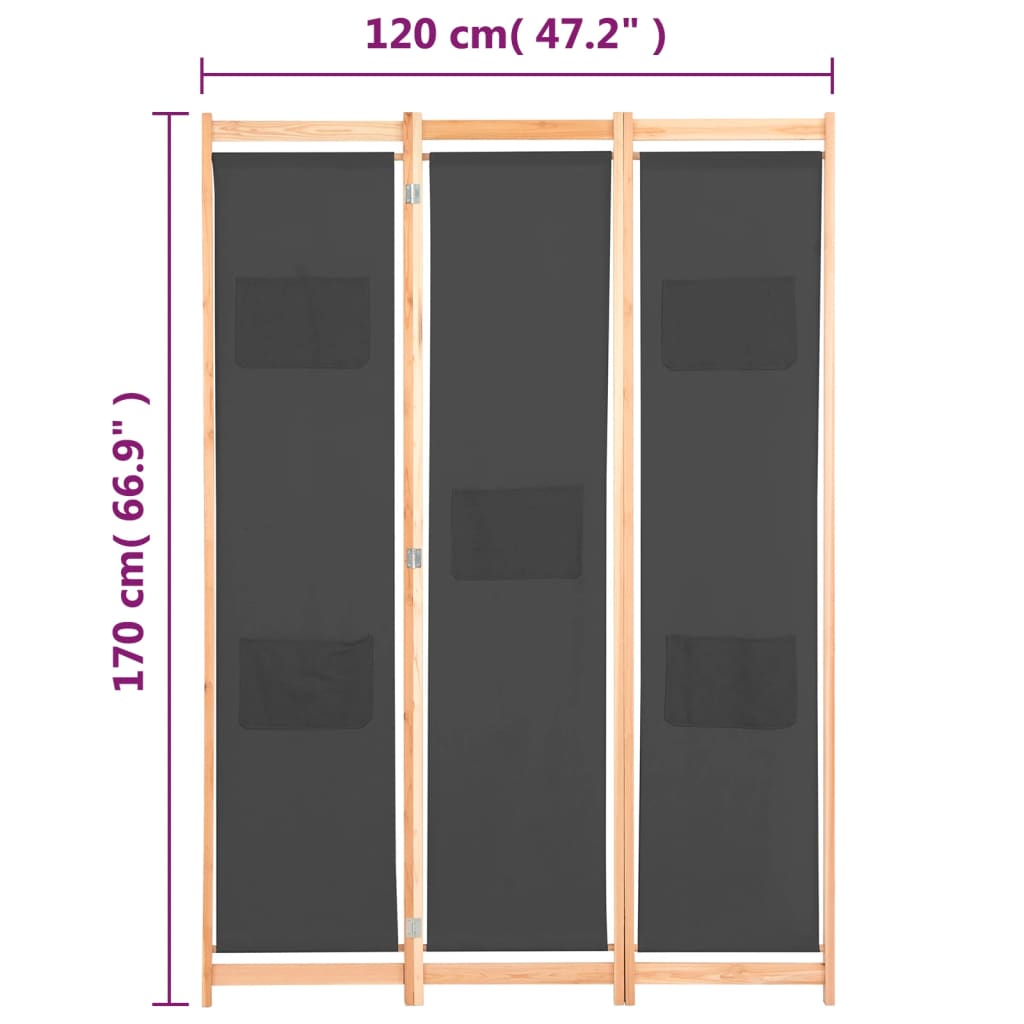 Grey 3-Panel Fabric Room Divider - 120x170x4 cm