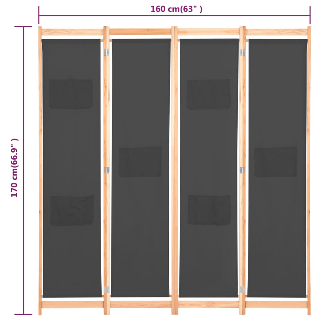 Grey Fabric 4-Panel Room Divider, 160x170x4 cm - Stylish Privacy Solution