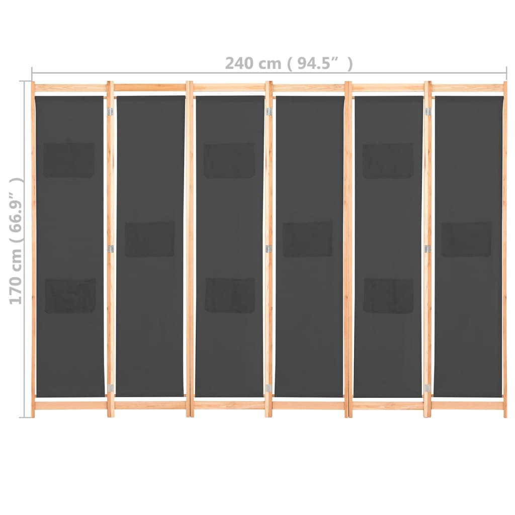 Stylish Grey Fabric 6-Panel Room Divider - 240x170 cm