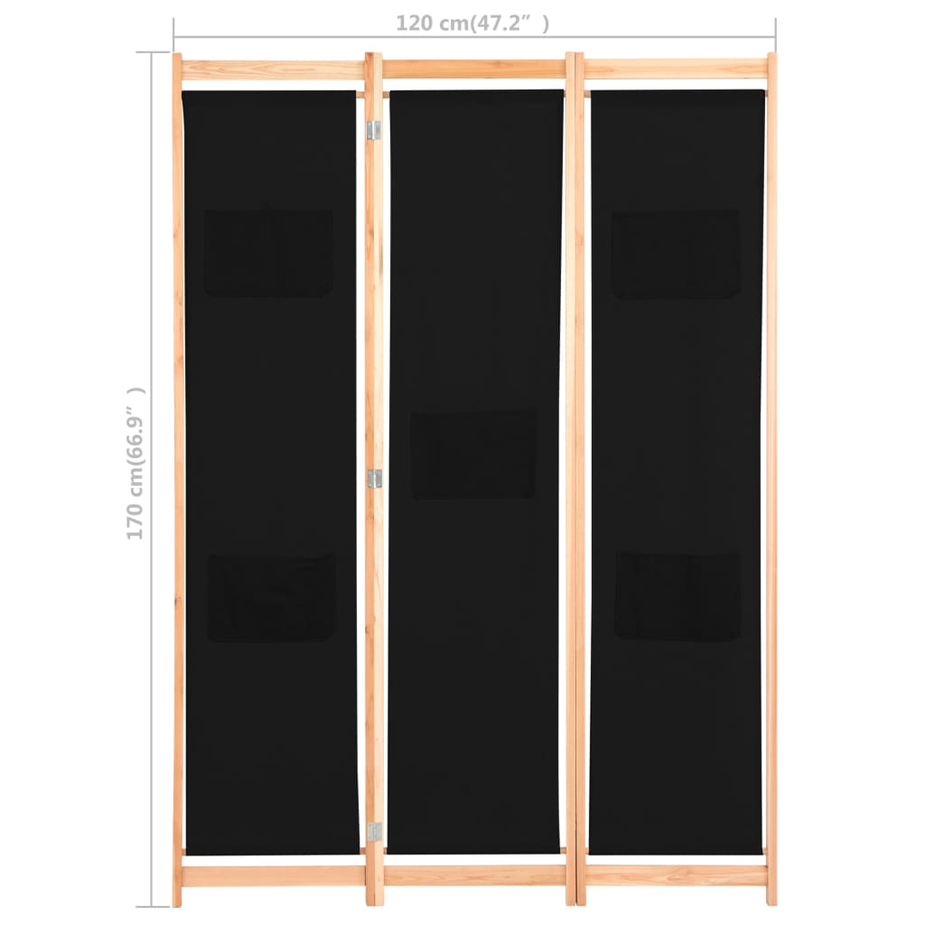 Elegant Black Fabric 3-Panel Room Divider 120x170 cm