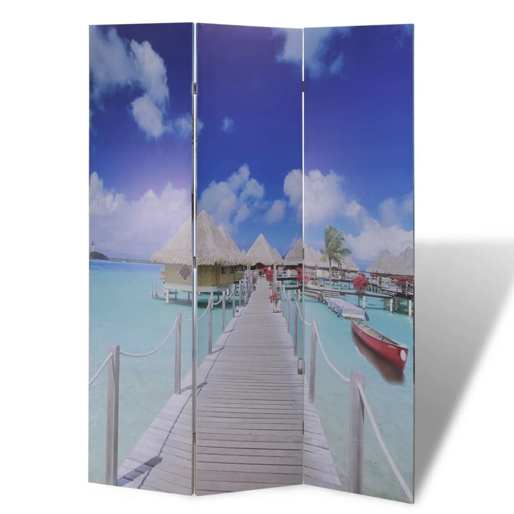 Beach Scene Folding Room Divider 120x170 cm - Light Wood Finish