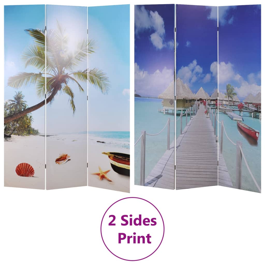 Beach Scene Folding Room Divider 120x170 cm - Light Wood Finish