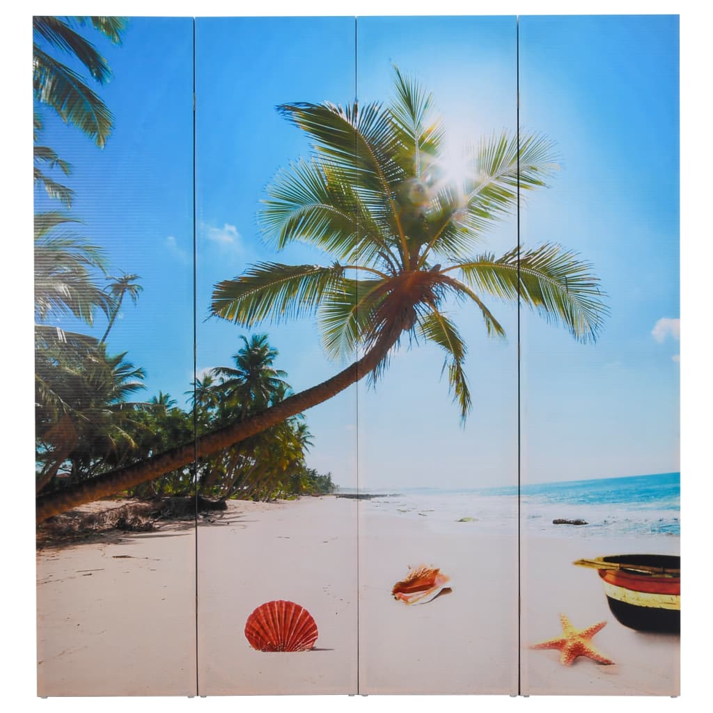 Beach-Themed Folding Room Divider, 160x170 cm, Beige Wood Finish