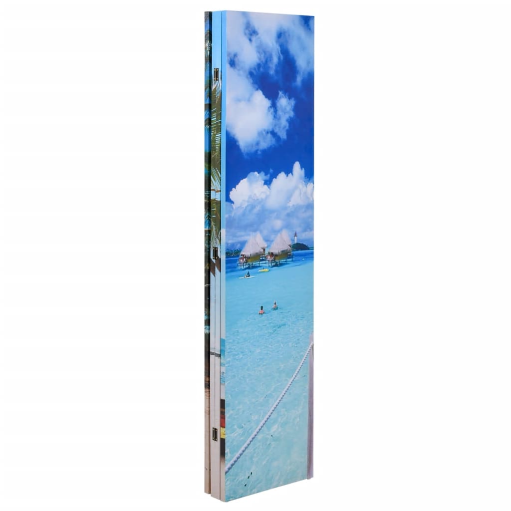 Beach-Themed Folding Room Divider, 160x170 cm, Beige Wood Finish