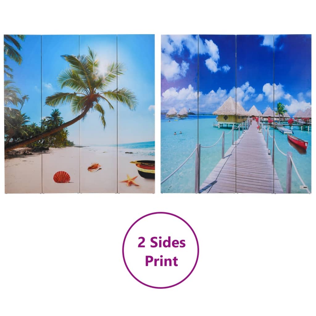 Beach-Themed Folding Room Divider, 160x170 cm, Beige Wood Finish