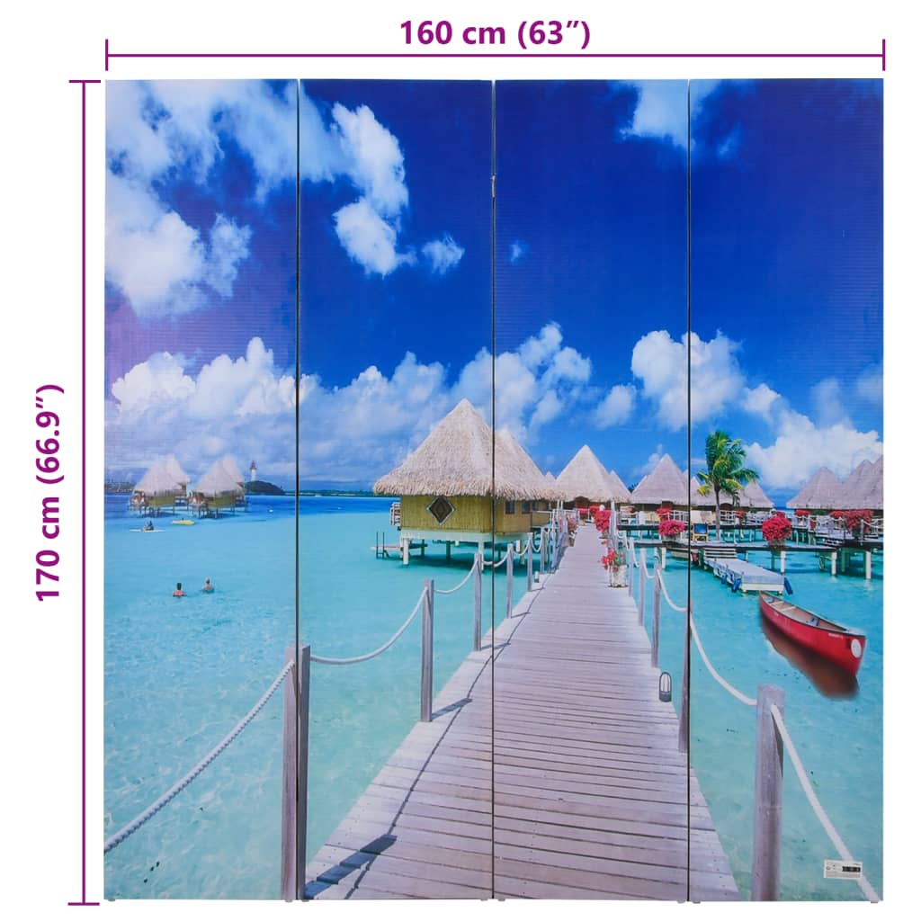 Beach-Themed Folding Room Divider, 160x170 cm, Beige Wood Finish
