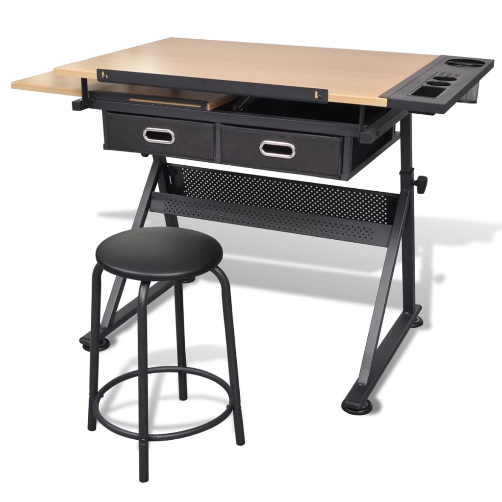Tiltable Bamboo Drawing Table Set with 2 Drawers & Stool