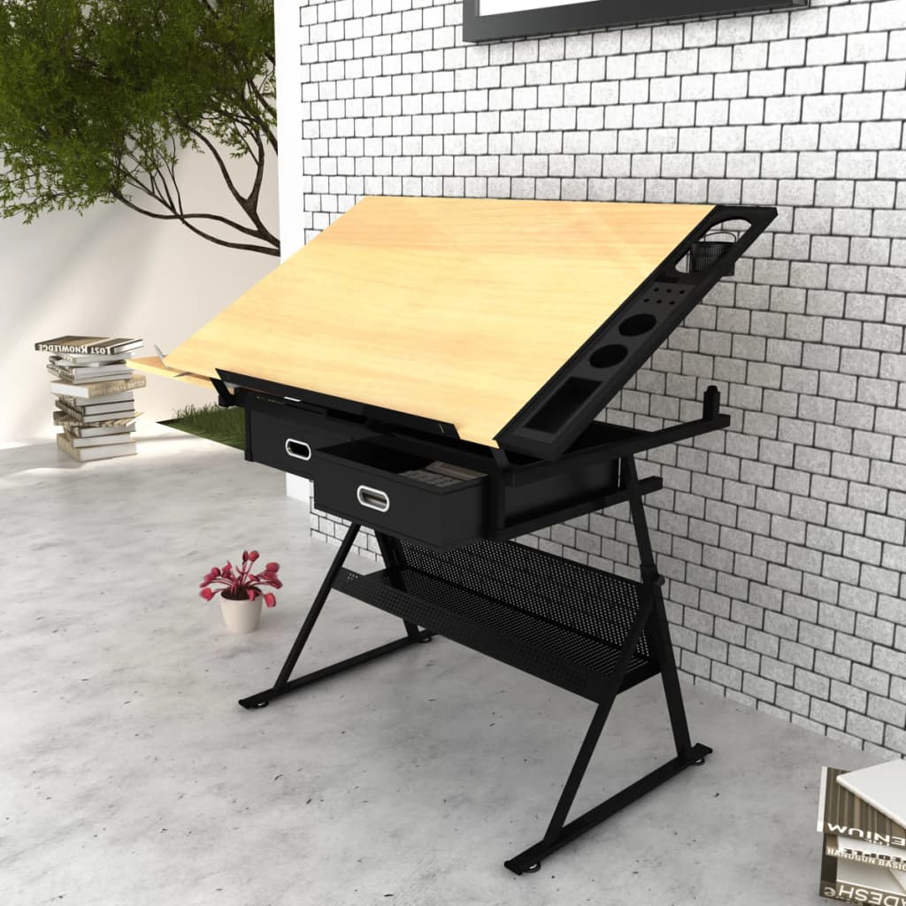 Tiltable Bamboo Drawing Table Set with 2 Drawers & Stool