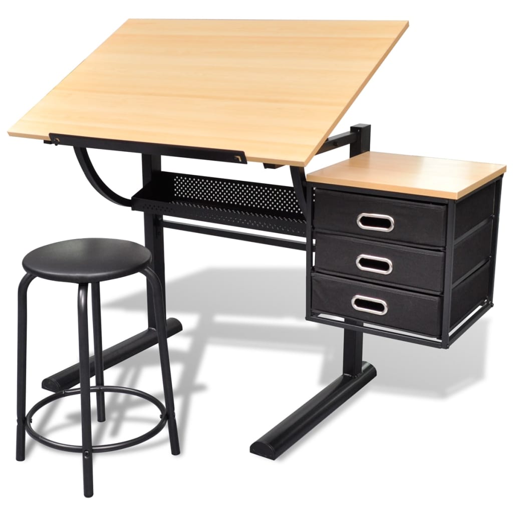 Tiltable Drawing Table with Stool, Three Drawers, Black Finish