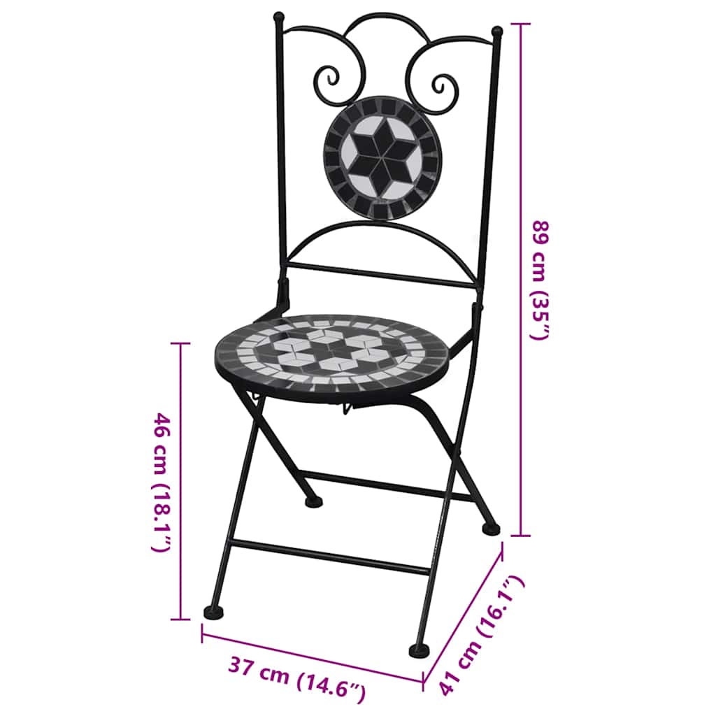 Ceramic Black & White Folding Bistro Chairs Set, 2 Pcs