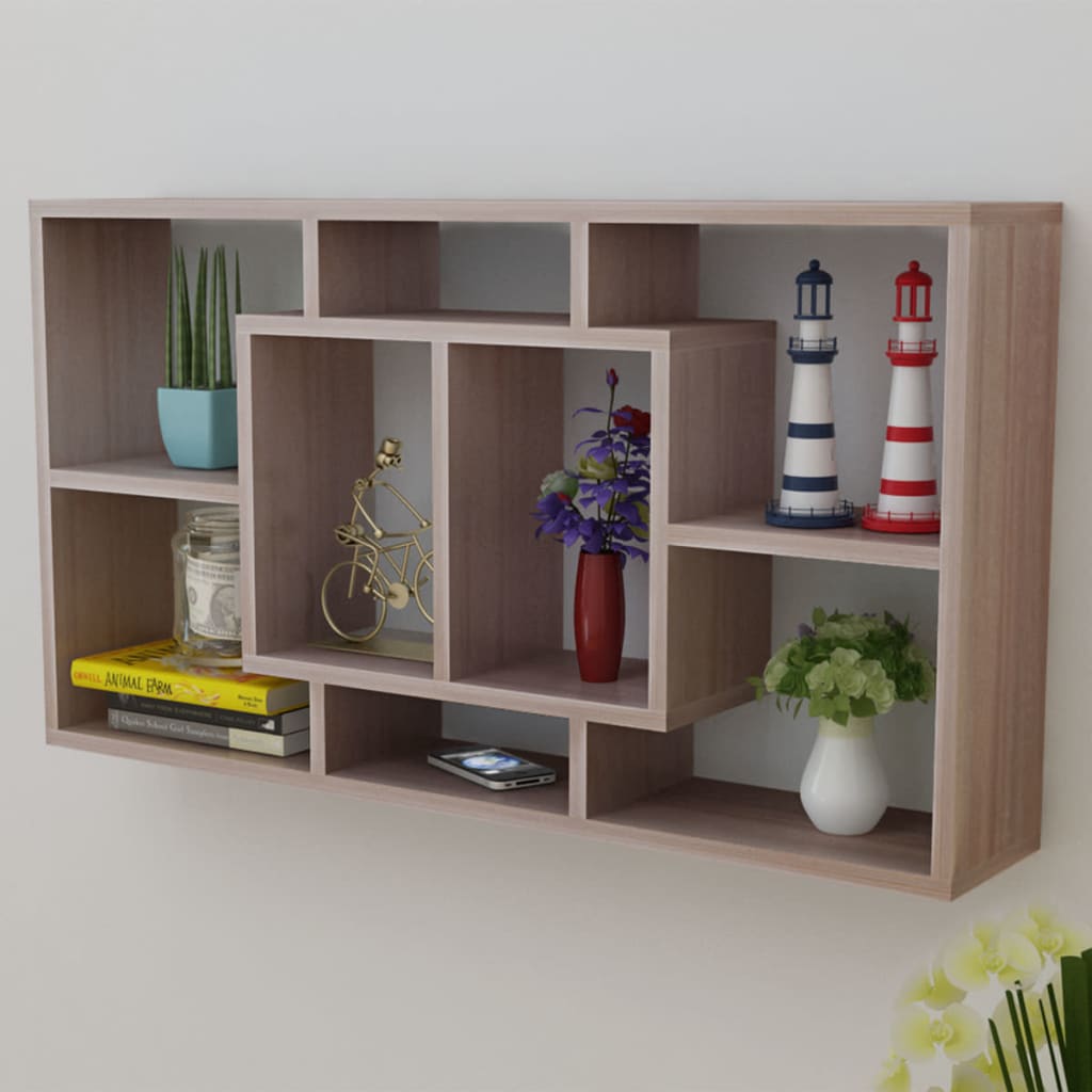 Oak Floating Wall Display Shelf - 8 Compartments, Stylish Storage