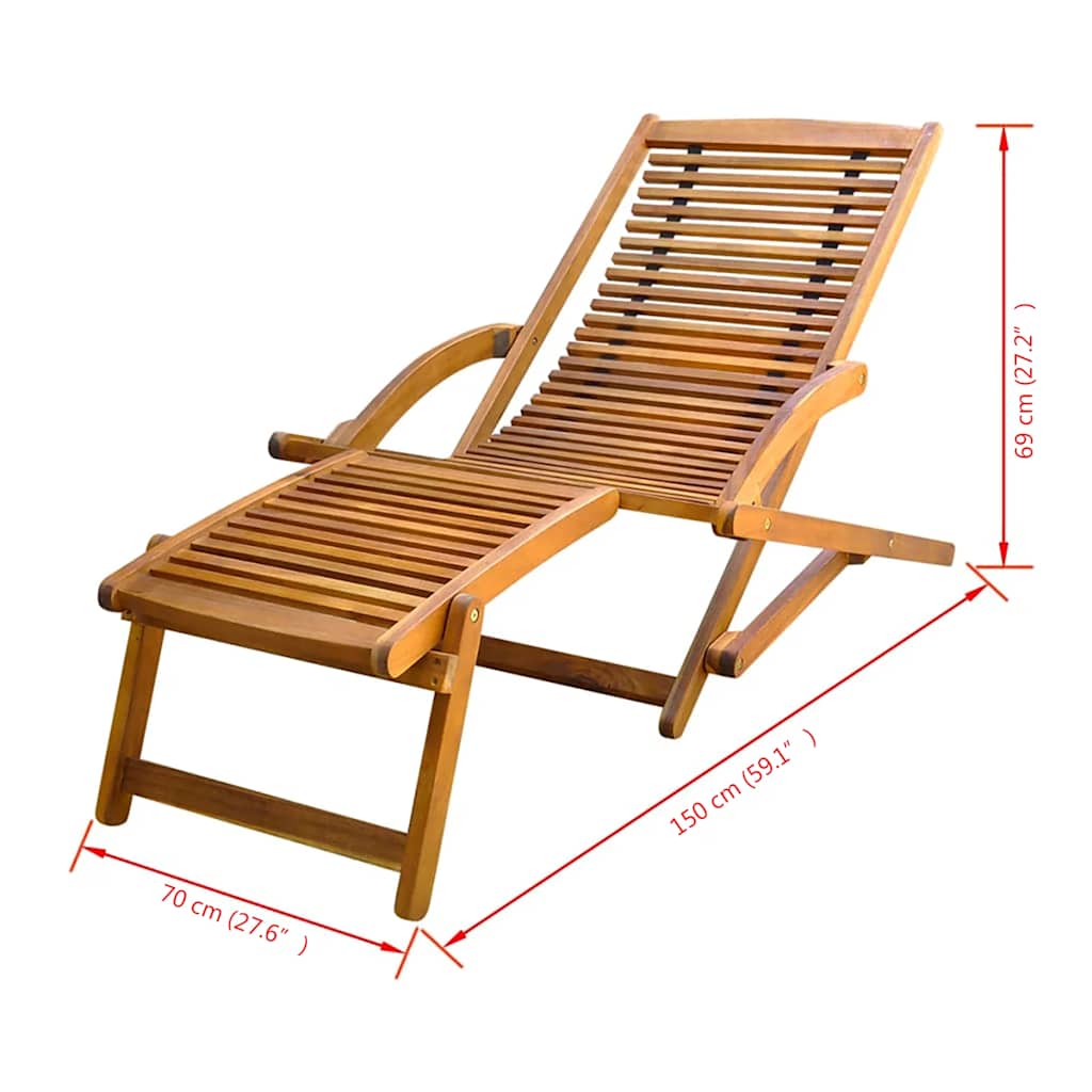 Solid Acacia Wood Deck Chair with Footrest - Natural Finish