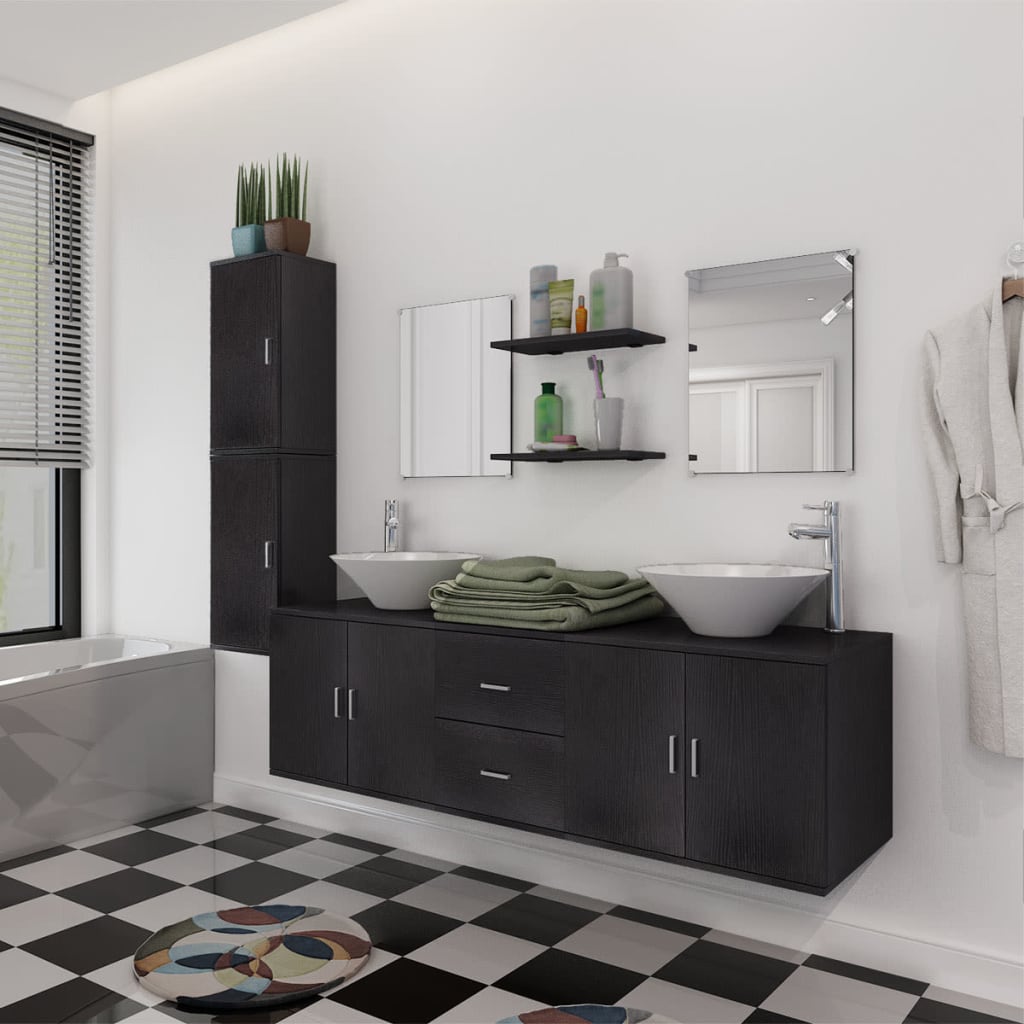 Nine Piece Bathroom Furniture and Basin Set Black