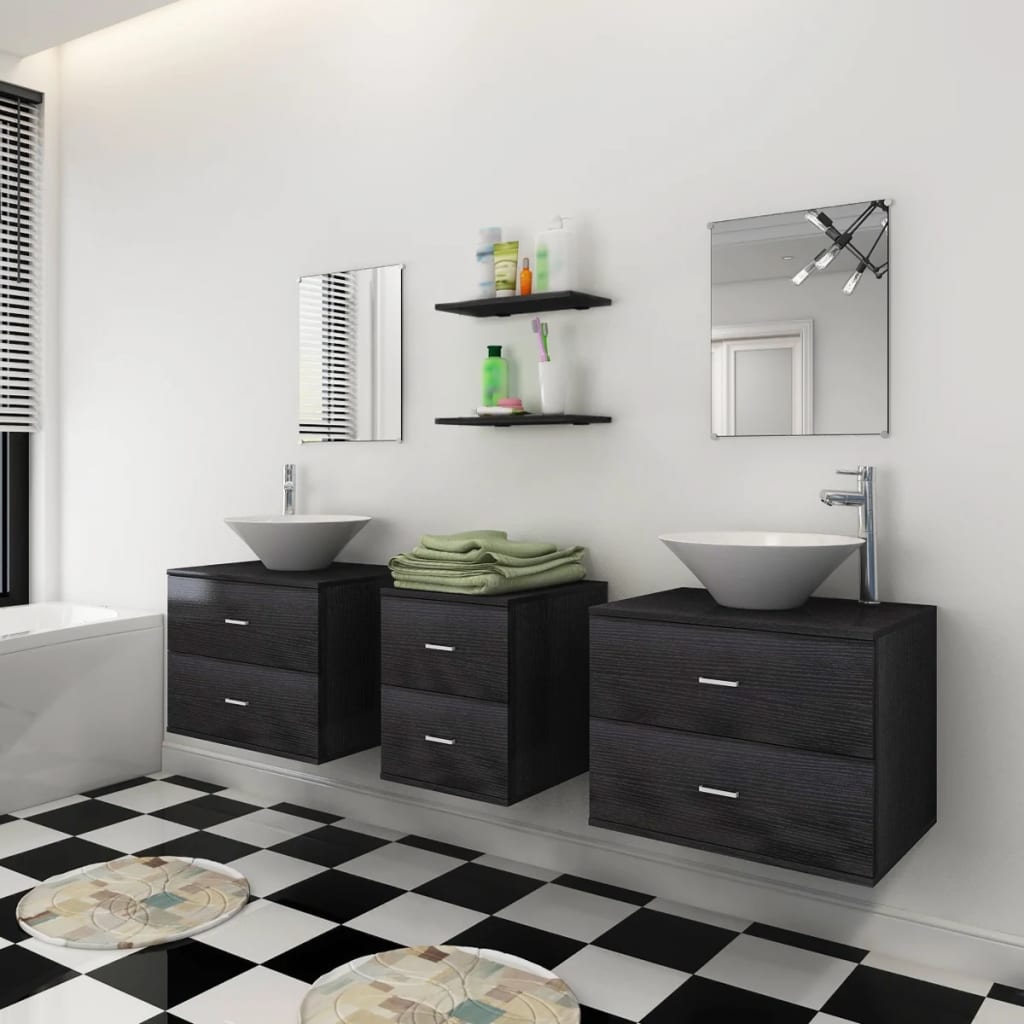 Nine Piece Bathroom Furniture Set with Basin with Tap Black