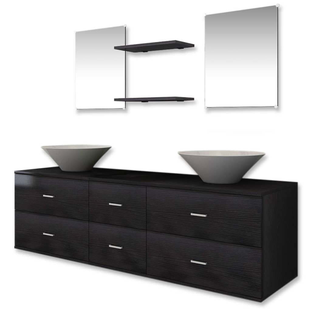 Nine Piece Bathroom Furniture Set with Basin with Tap Black