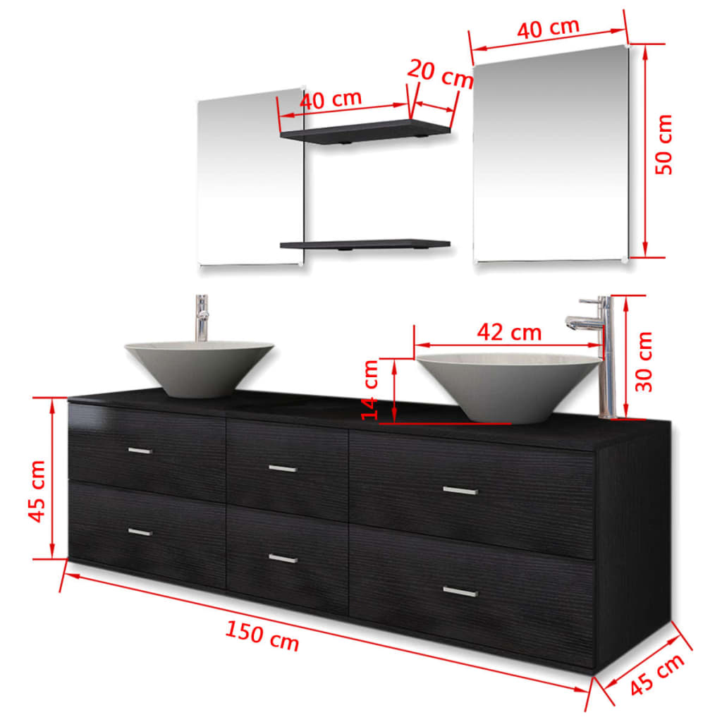 Nine Piece Bathroom Furniture Set with Basin with Tap Black