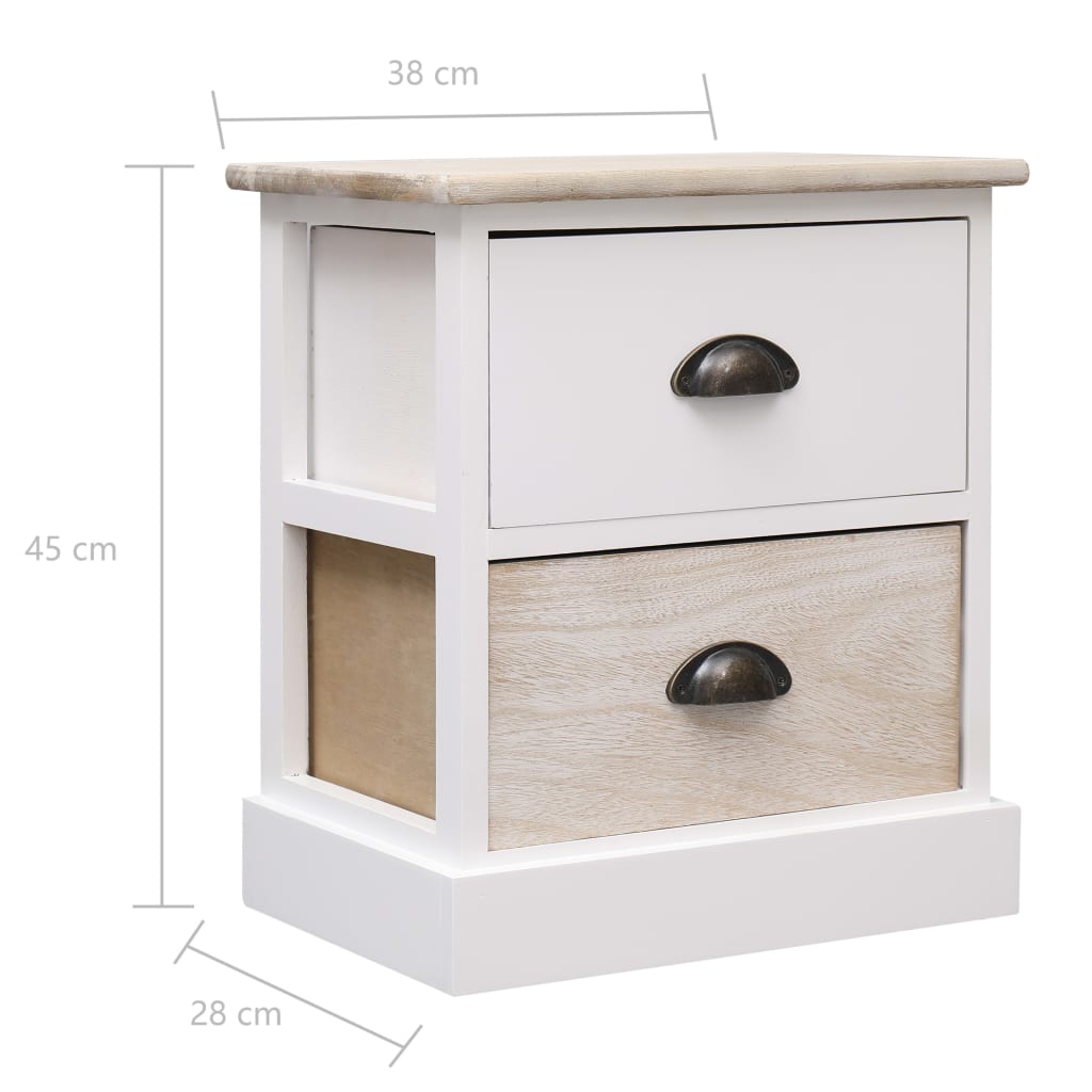 Set of 2 White & Natural Paulownia Wood Nightstands, 38x28x45 cm