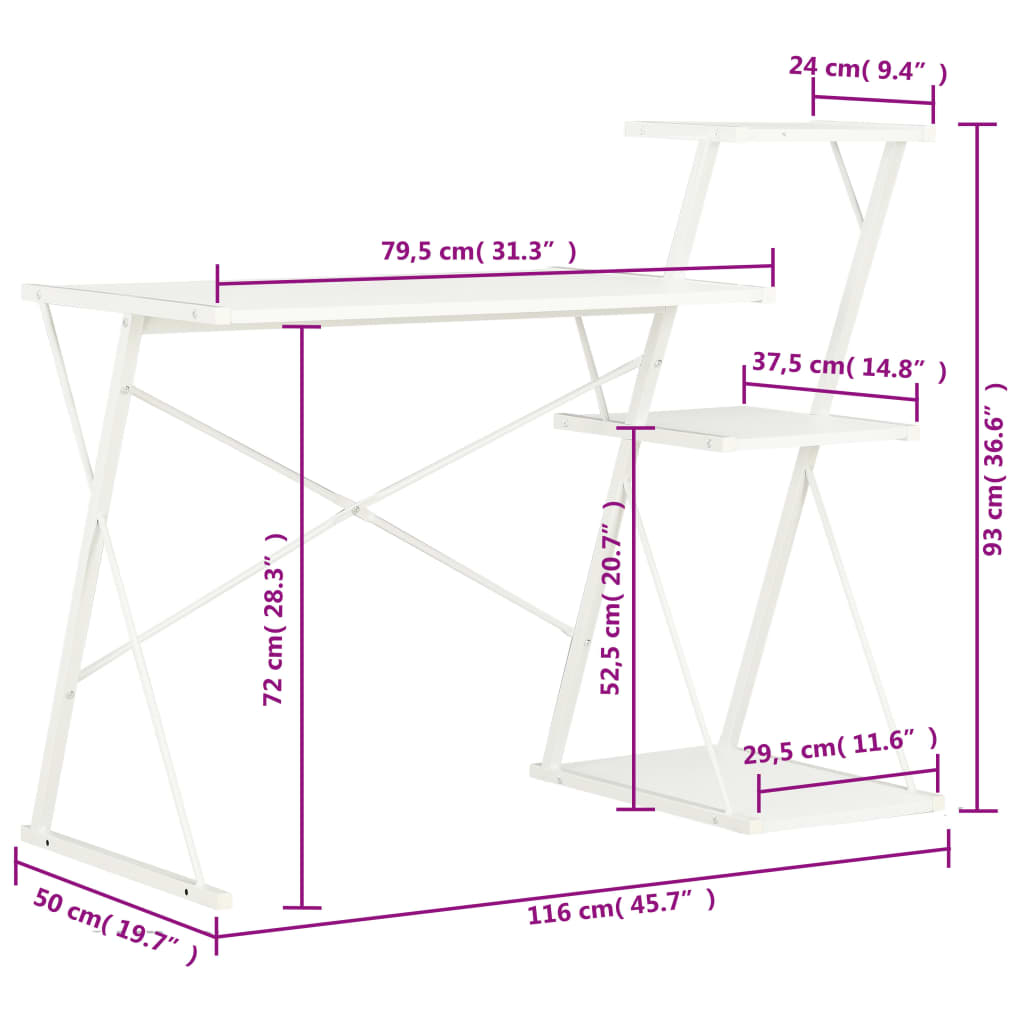 White Desk with Shelf - 116x50x93 cm - Space-Saving Design