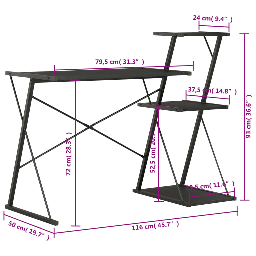 Black Desk with Shelf - 116x50x93 cm - Stylish & Functional Design