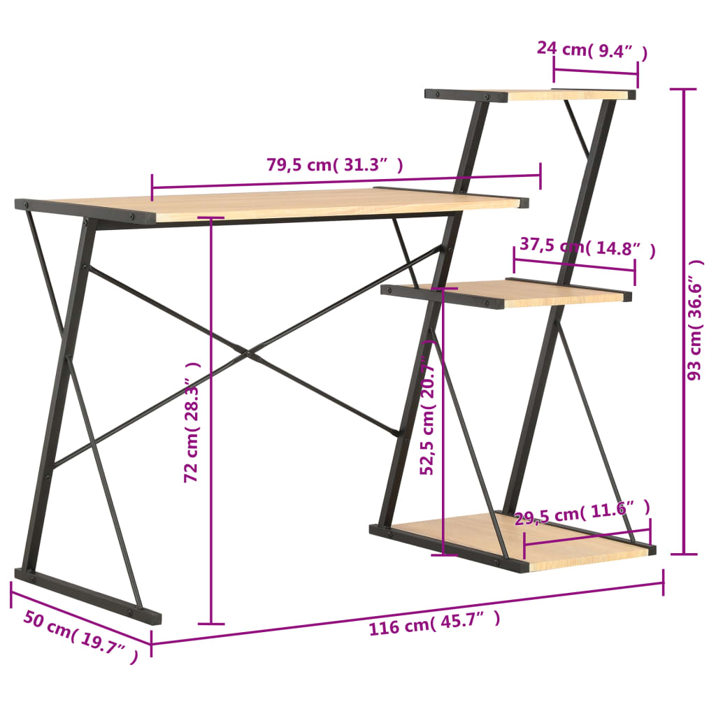 Black & Oak Desk with Shelf - 116x50x93 cm - Stylish Home Office