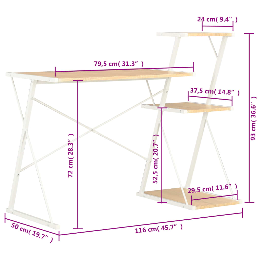 White & Oak Desk with Shelf 116x50x93 cm - Stylish & Functional