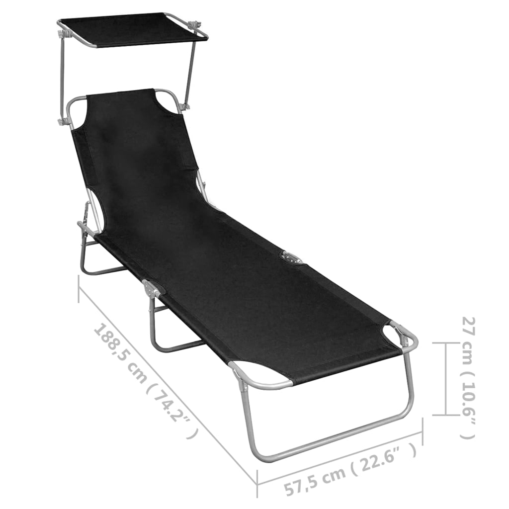 Black Aluminum Folding Sun Lounger with Canopy - Ultimate Relaxation